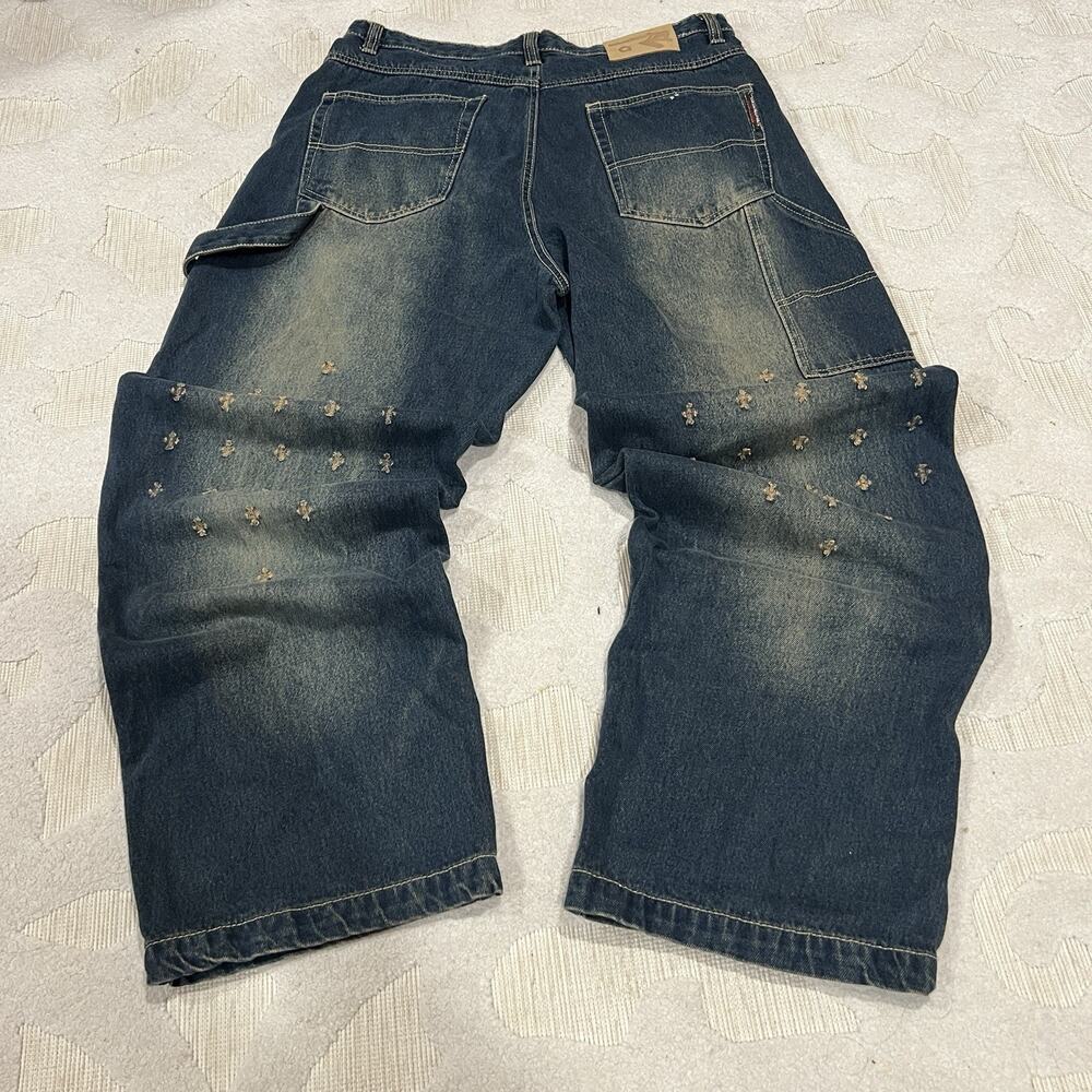 GRAIL VTG Y2K Akademiks Baggy Embroidered Denim Jeans 36x32 Southpole Hip-Hop